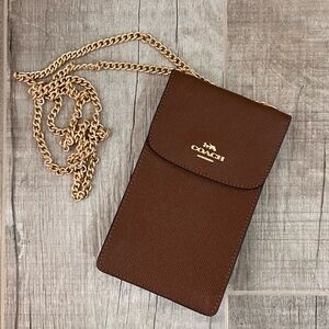 Coach Brown Phone Crossbody with Gold Chain